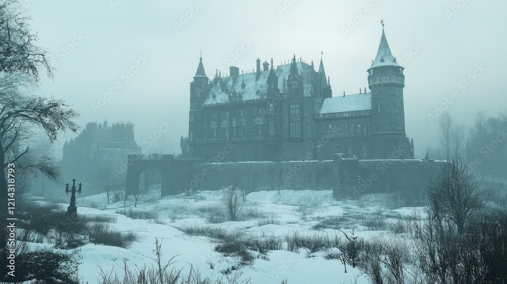 Obraz premium Historic German castle surrounded by snow-covered grounds and a misty winter atmosphere, no people