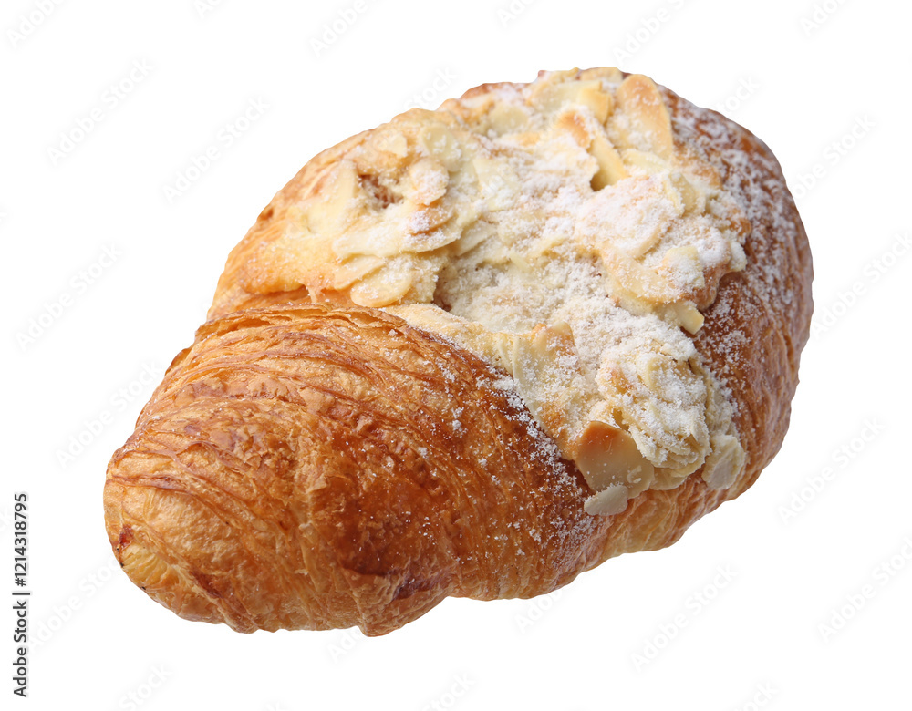 Delicious fresh croissant with almond flakes isolated on white Delicious fresh croissant with almond flakes isolated on white