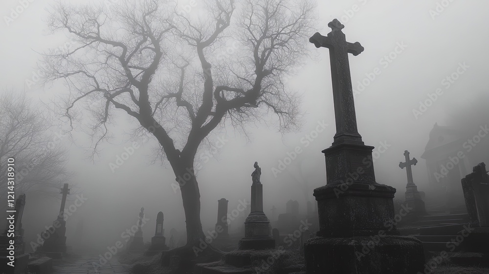 Foggy cemetery with twisted trees, gravestones, and creepy statues, ghostly presence Foggy cemetery with twisted trees, gravestones, and creepy statues, ghostly presence