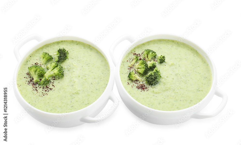 Delicious broccoli cream soup in bowls isolated on white