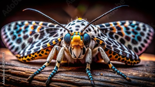Giant Leopard Moth (Hypercompe scribonia) in Low Light, Close-Up Macro Photography photo