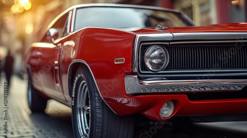 Close-up of an American muscle car, showcasing its powerful engine and sleek design, emphasizing its iconic performance and strength.
