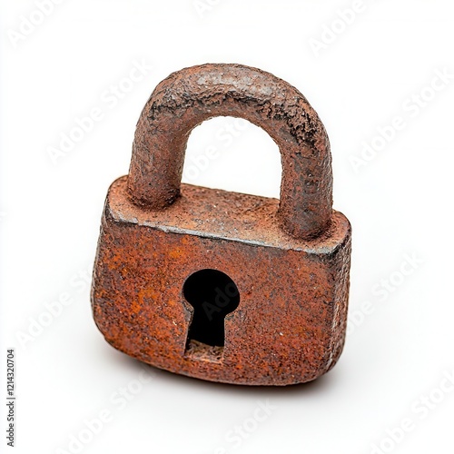 A photostock of a vintage-style iron padlock with a visible keyhole, lying against a white background, symbolizing security and heritage. High Quality