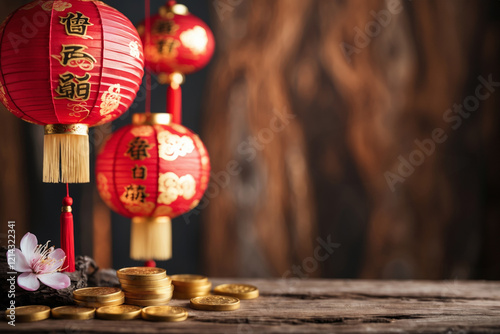 Rustic wooden top table Chinese new year festive background  with red decoration