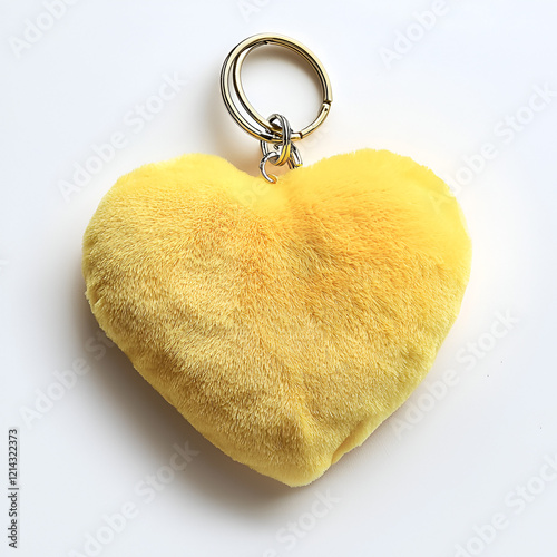 Fluffy yellow heart-shaped keychain.  Perfect accessory for bags or keys. Soft and cuddly, a cute and charming gift.