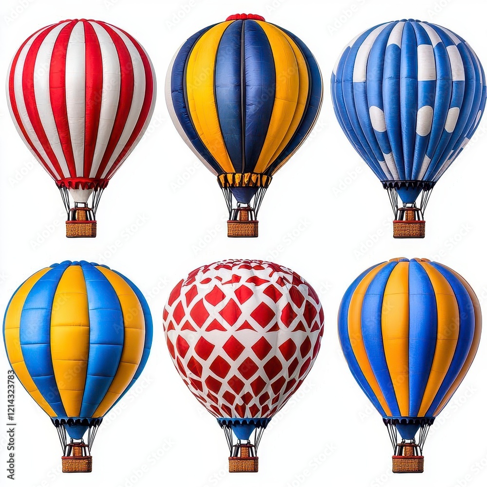 Obraz premium A photostock of colorful hot air balloons in a variety of patterns and designs, floating on a clean white background, symbolizing travel and freedom. High Quality