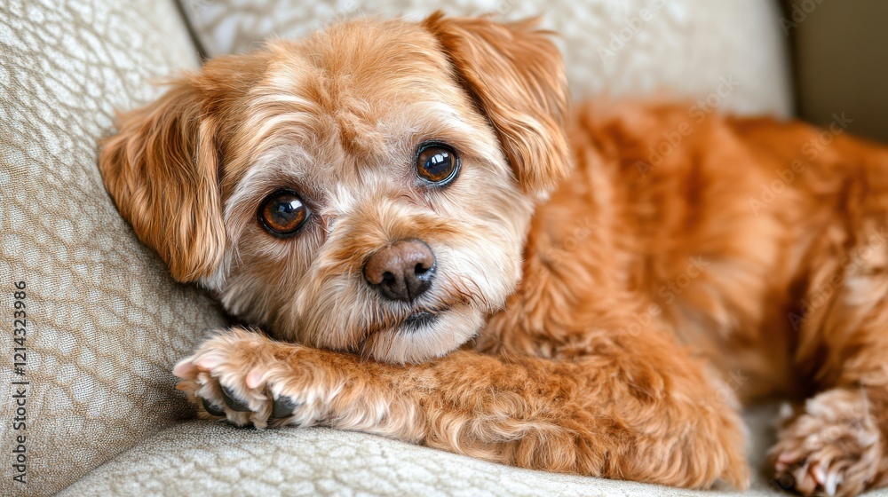 Cuddly Dog Relaxing on a Sofa in Soft Lighting Cuddly Dog Relaxing on a Sofa in Soft Lighting