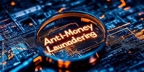 Anti-Money Laundering AML concept. Magnifying glass highlighting 