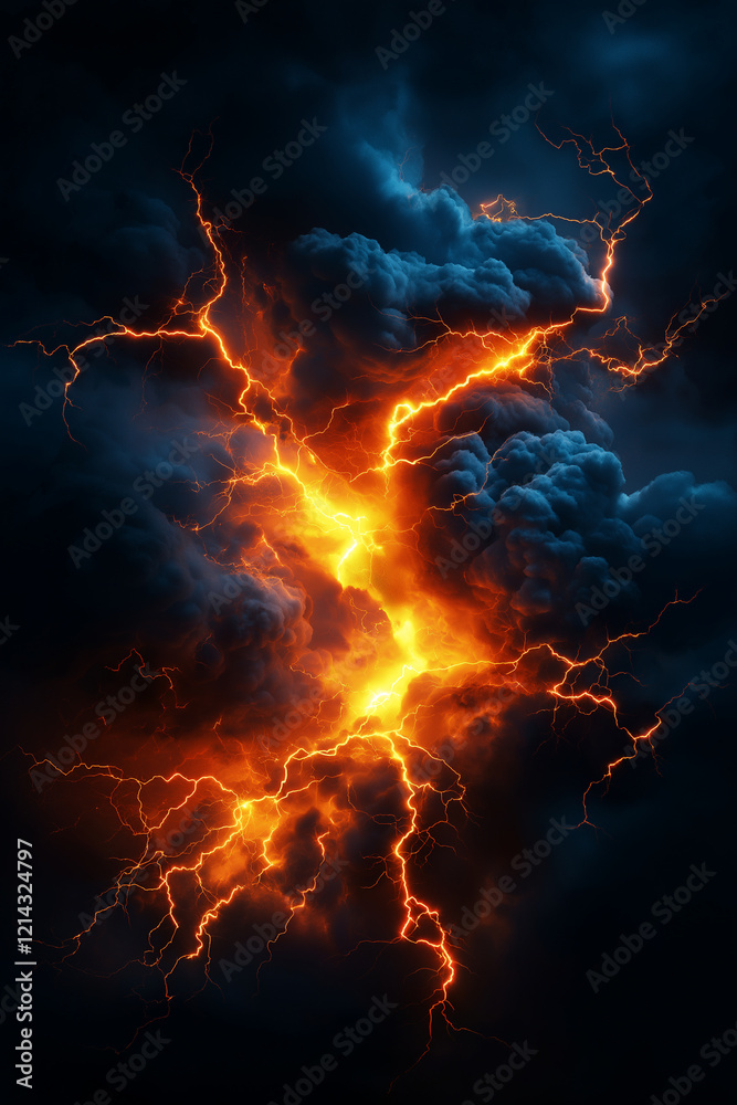 Fototapeta premium dramatic scene of dark clouds illuminated by bright orange lightning, creating powerful and intense atmosphere. contrast between stormy sky and vibrant lightning evokes sense of awe and energy