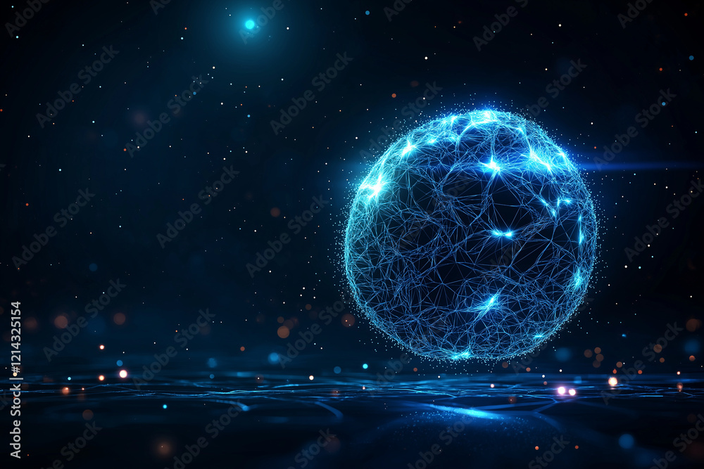 glowing sphere made of interconnected lines and dots, set against dark cosmic background filled with stars and light particles, evokes sense of digital connectivity and innovation glowing sphere made of interconnected lines and dots, set against dark cosmic background filled with stars and light particles, evokes sense of digital connectivity and innovation