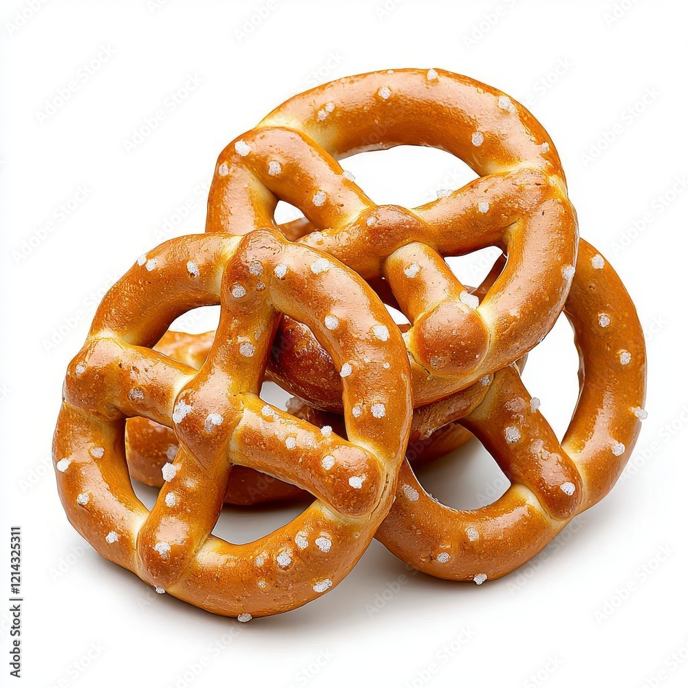 A photostock of crunchy salted pretzels scattered on a white background, perfect for food photography or snack-related themes. High Quality A photostock of crunchy salted pretzels scattered on a white background, perfect for food photography or snack-related themes. High Quality