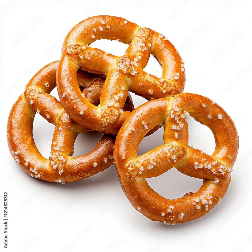 A photostock of crunchy salted pretzels scattered on a white background, perfect for food photography or snack-related themes. High Quality A photostock of crunchy salted pretzels scattered on a white background, perfect for food photography or snack-related themes. High Quality