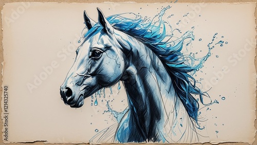 Stylized blue ink drawing of horse with water splash effect on aged paper photo