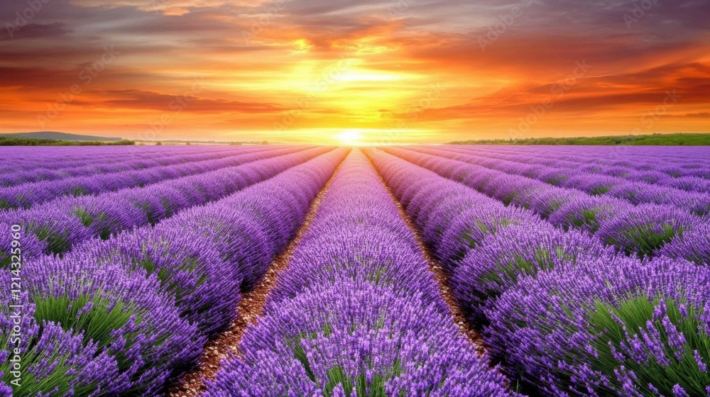 A stunning view of endless rows of lavender flowers, stretching into the horizon A stunning view of endless rows of lavender flowers, stretching into the horizon