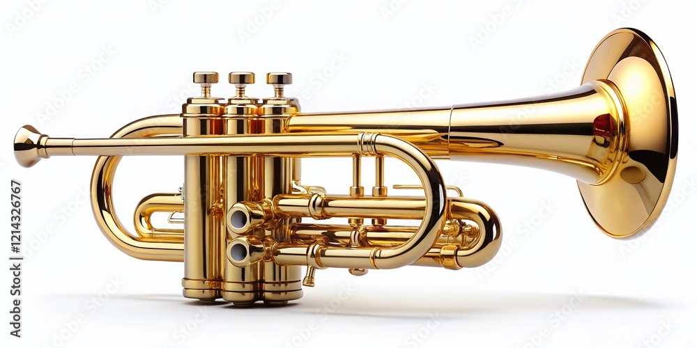 Obraz premium Golden Brass Trumpet Instrument Isolated on White Background, Musical Instrument Stock Photo
