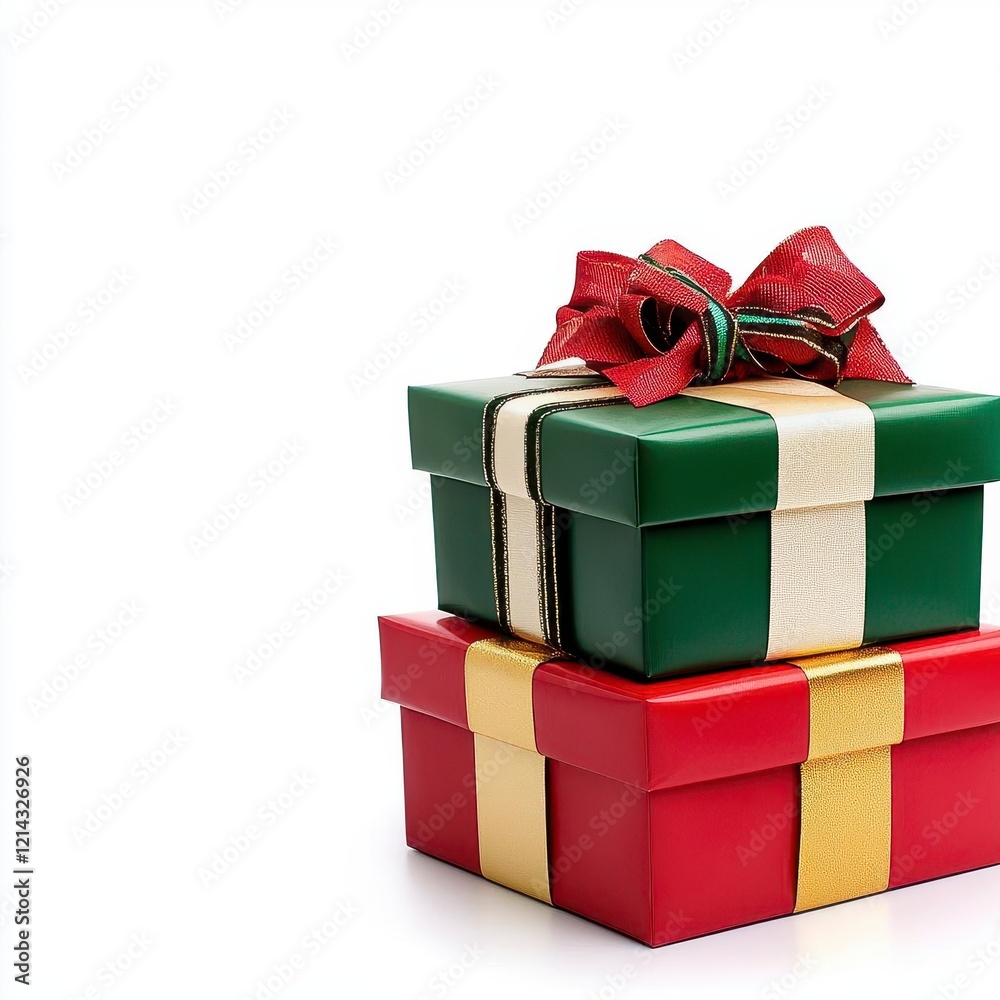 Fototapeta premium A photostock of gift boxes in red, green, and gold with decorative ribbons, placed neatly on a clean white background, symbolizing celebration and festivity. High Quality