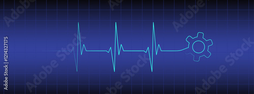 Blue medical monitor editable heart rhythm illustration with gear, heartbeat line vector design to use for healthcare, business, healthy lifestyle, medicine and ekg concept illustration projects. 