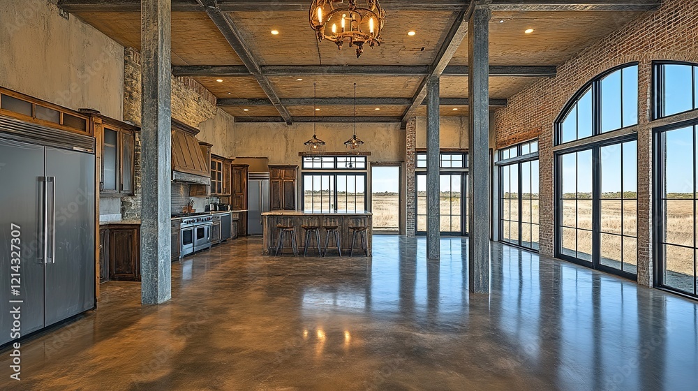 Rustic Farmhouse Kitchen With Expansive Windows and Polished Concrete Floor Rustic Farmhouse Kitchen With Expansive Windows and Polished Concrete Floor