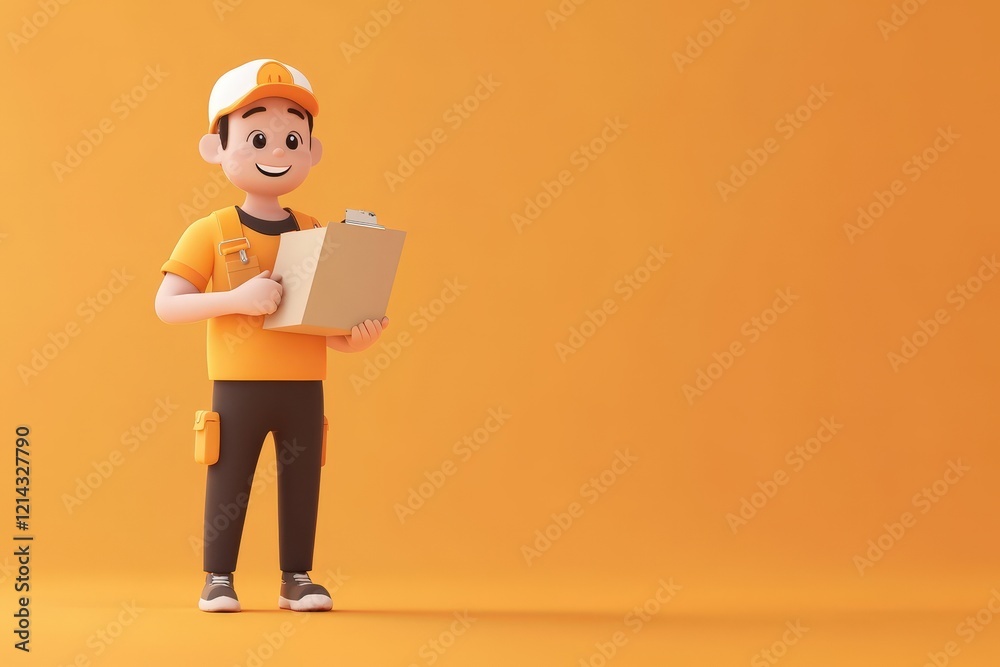 Happy Delivery Worker Holding Clipboard and Package Happy Delivery Worker Holding Clipboard and Package