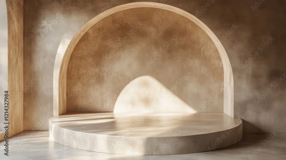 Minimalist Beige Archway Interior with Concrete Podium and Subtle Light Minimalist Beige Archway Interior with Concrete Podium and Subtle Light