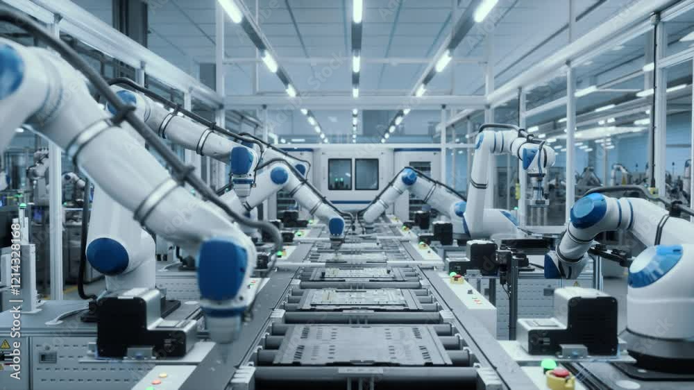 Automated Robotic Arms Assembling Circuit Boards on a Conveyor. Electronics Manufacturing with Precision and Efficiency. High-Tech Technology Production in a Futuristic Industrial Environment Automated Robotic Arms Assembling Circuit Boards on a Conveyor. Electronics Manufacturing with Precision and Efficiency. High-Tech Technology Production in a Futuristic Industrial Environment