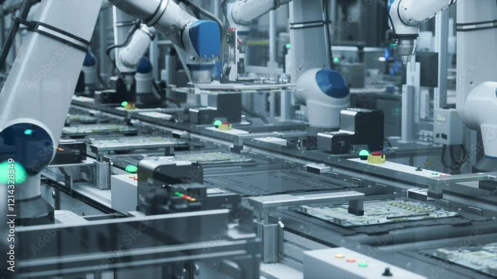 Innovative Manufacturing Factory with Industrial Robots Producing Circuit Boards in a High-Tech Automated Factory. Advanced Facility Building Microelectronics Components with Robotic Arms