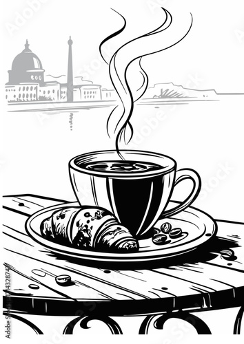 Black and white illustration showing a smoking cup of coffee