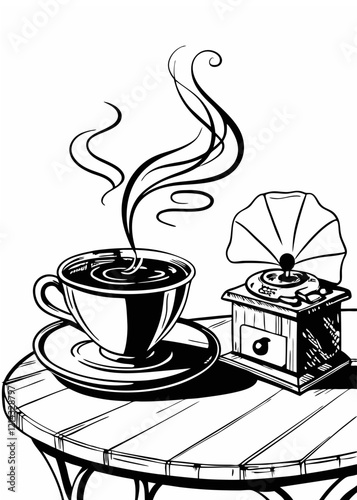 Black and white illustration showing a smoking cup of coffee