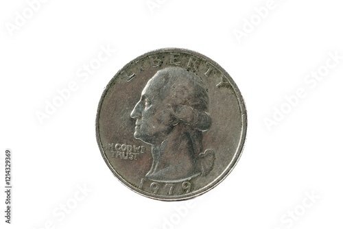 Close-up of a 1979 US quarter dollar coin, featuring George Washington's profile. photo