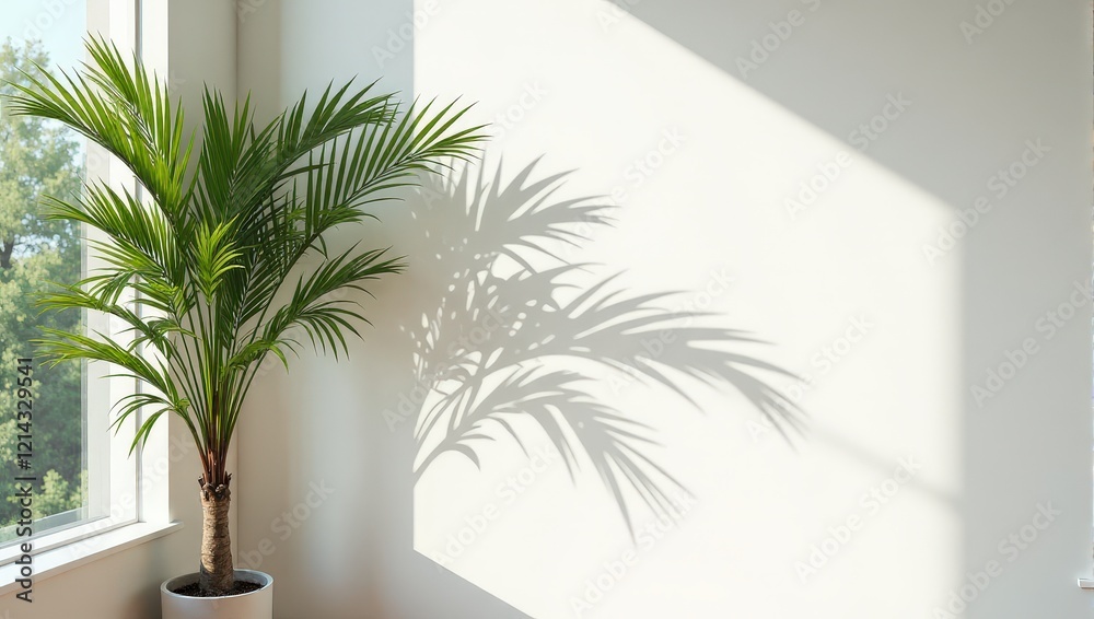 Fototapeta premium A lush Areca palm nestles in a white pot against a pristine white corner wall, basking by a window. Its delicate leaves cast gentle shadows, creating a serene ambiance