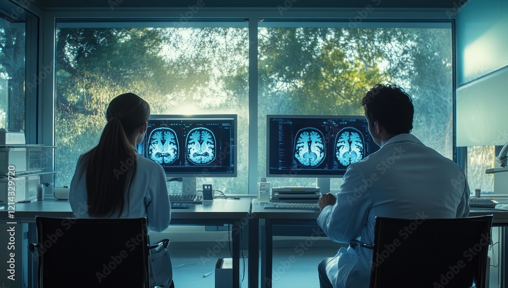 Doctors reviewing brain scans at computer monitors. Doctors reviewing brain scans at computer monitors.