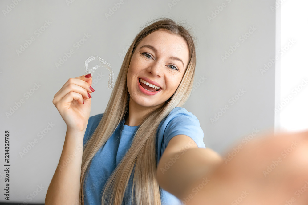 Happy woman wearing blue T-shirt over white background make selfie holding an invisible braces aligner, recommending this new treatment. Dental healthcare concept. Happy woman wearing blue T-shirt over white background make selfie holding an invisible braces aligner, recommending this new treatment. Dental healthcare concept.