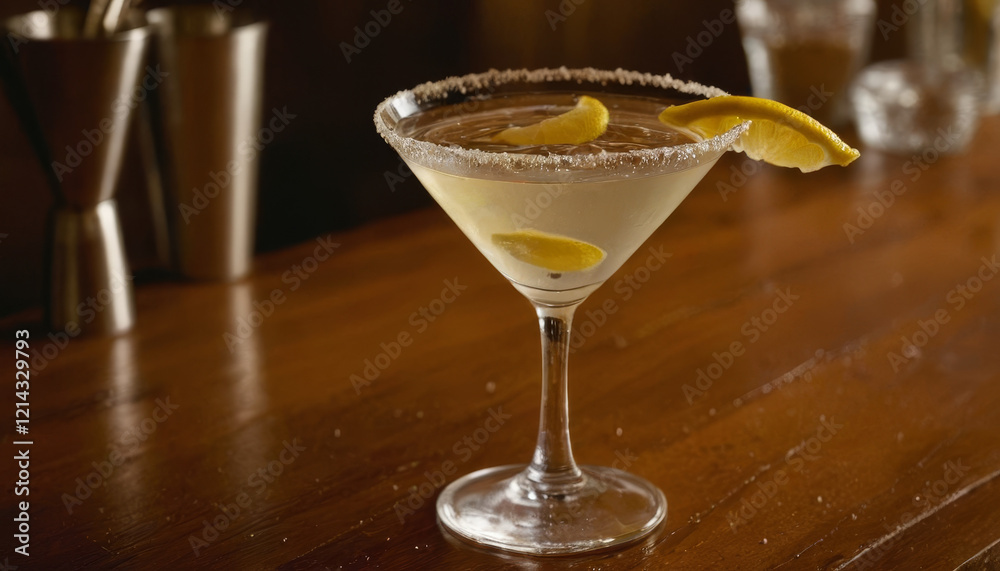 Martini glass with condensation and lemon twist on a wooden table
