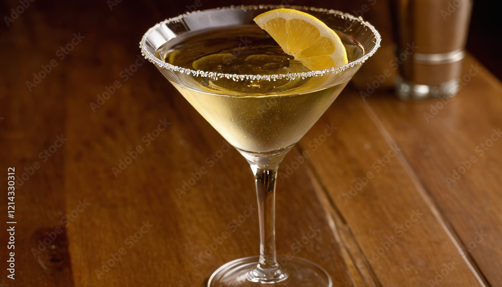 Martini glass with condensation and lemon twist on a wooden table Martini glass with condensation and lemon twist on a wooden table