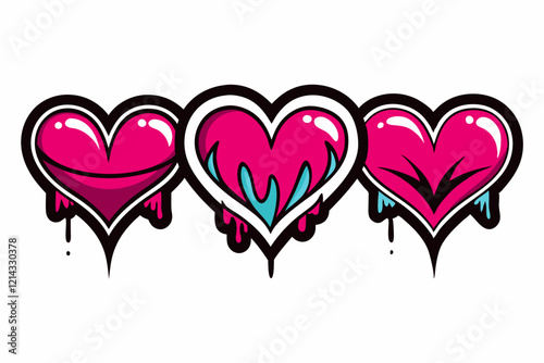 Colorful heart icons showcase graffiti art style in vibrant design