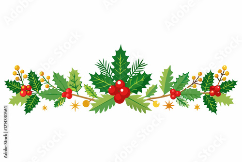 Christmas fir border with holly and berries on white