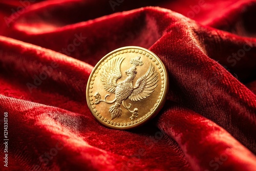 Golden Rouble Coin on Rich Red Velvet, Wealth and Finance Concept photo