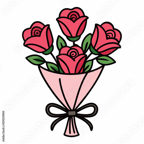 Valentines day bouquet with roses and green leaves in simple outline