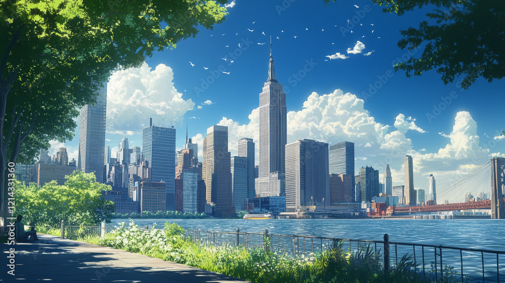 Fototapeta premium Vibrant city skyline view with a river and lush greenery in bright daylight