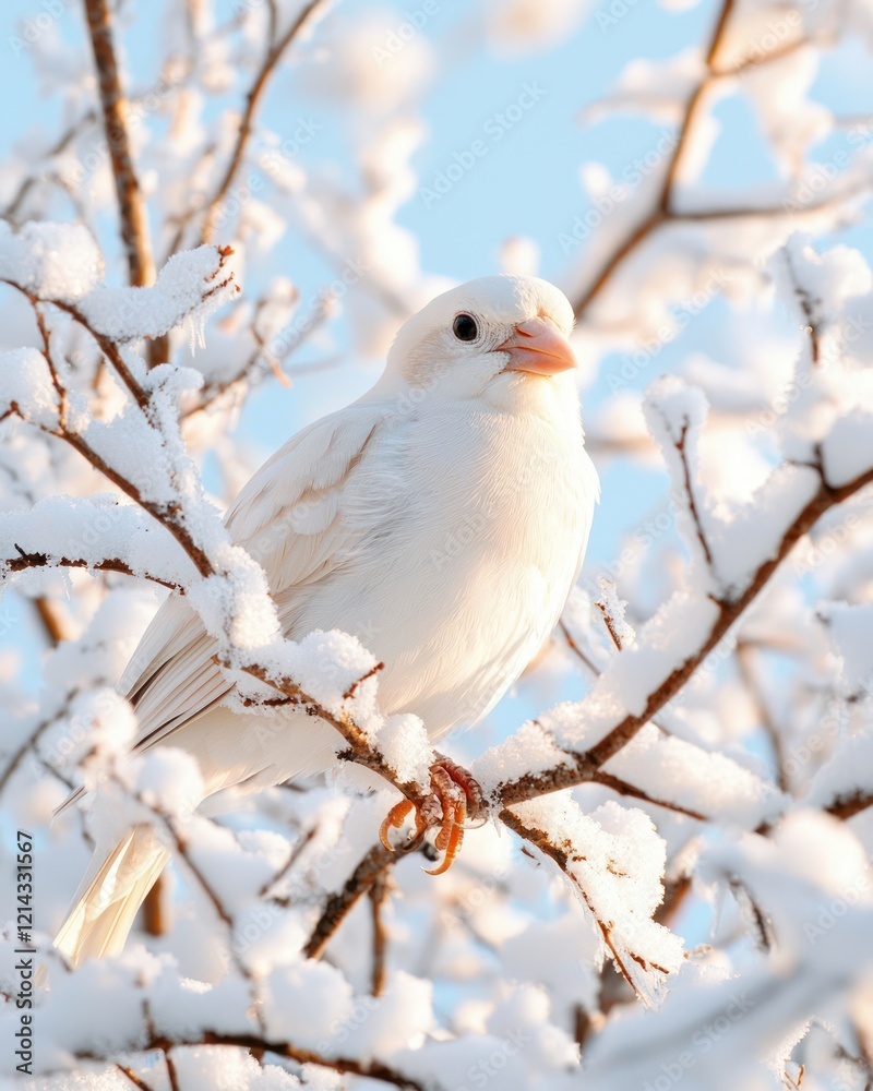 Snow-covered white bird in frosty branches winter wonderland nature photography Snow-covered white bird in frosty branches winter wonderland nature photography