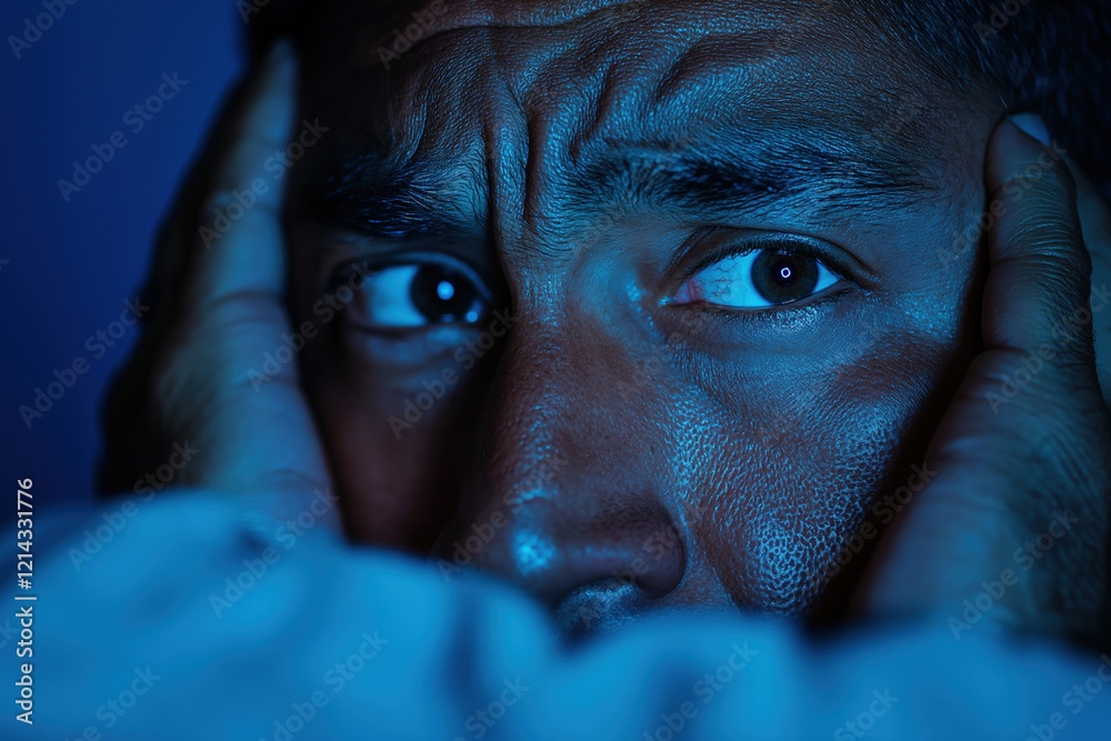 Intense fear expression on young Hispanic man's face in dramatic lighting Intense fear expression on young Hispanic man's face in dramatic lighting
