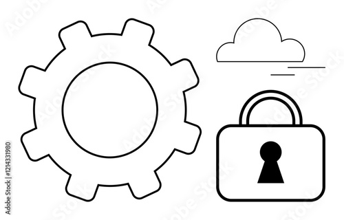 Gear, cloud, and padlock outline highlighting technology, security, and cloud computing. Ideal for technology integration, security systems, cloud storage, digital privacy cybersecurity process