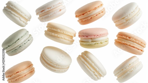 Wallpaper Mural Colorful assortment of floating macaroons isolated on a bright white background for dessert lovers Torontodigital.ca
