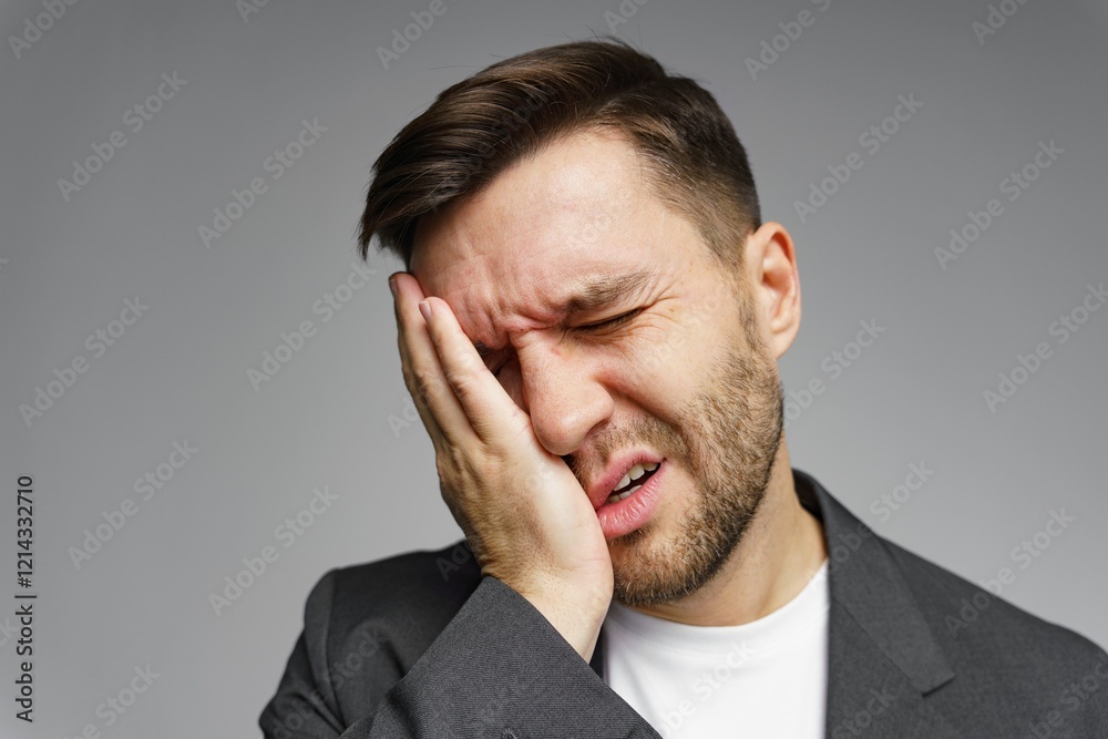 Man with a pained expression holding his face in distress during a challenging moment at home Man with a pained expression holding his face in distress during a challenging moment at home