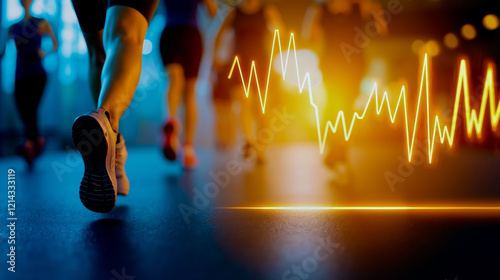 A group of people running in a gym with a heartbeat line in the background