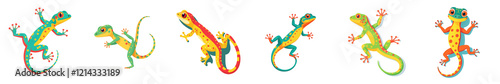  A vibrant collection of colorful gecko illustrations showcasing playful poses