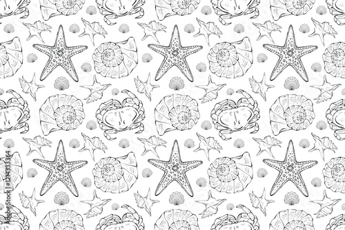 Seamless pattern in nautical style. Starfish, crabs and shells on a white background. Hand drawn illustration in black ink in sketch style. Design for packaging, textile, wallpaper photo