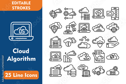 5 Cloud Algorithm Line Icons Set Included Icons Cloud storage,
Information,
Migrating,
Cloud server,