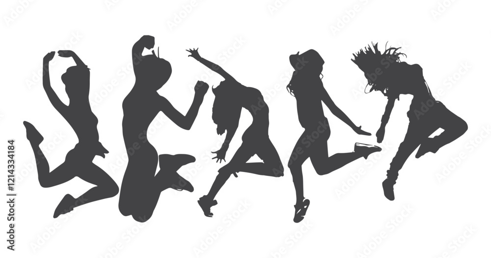 Dance icon girl jumping Children dancing street dance silhouette vector illustration. Group people dancing silhouette set. Figure happy active young men and women simple cartoon collection Dance icon girl jumping Children dancing street dance silhouette vector illustration. Group people dancing silhouette set. Figure happy active young men and women simple cartoon collection