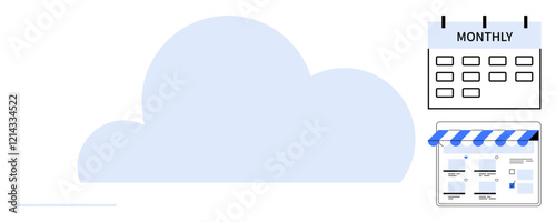 Cloud graphic with a calendar displaying a monthly plan and an online storefront interface. Ideal for subscription services, online planning, digital organization, cloud computing, online business